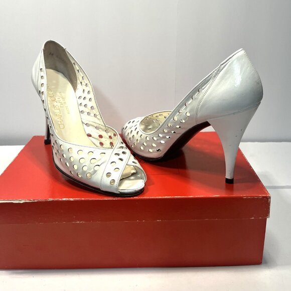CHARLES JOURDAN PARIS White Perforated Leather Open Toe Women's Heels 7-1/2 - Picture 10 of 11